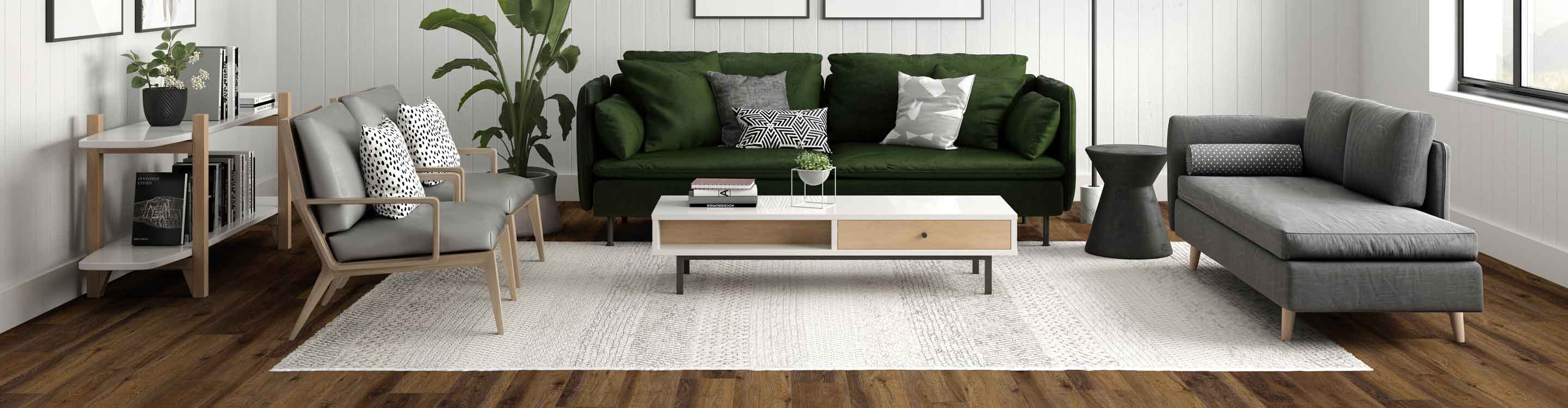 black and white pattered area rug in Billings midcentury living room with green couch