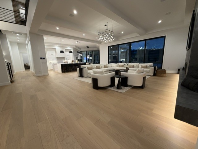 wide view of living room and kitchen remodel