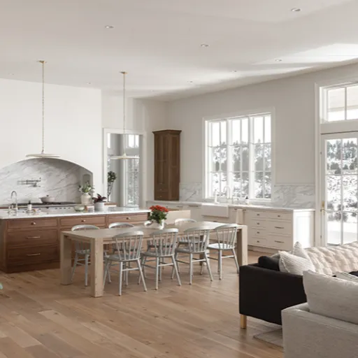 Modern, open-format kitchen with white walls