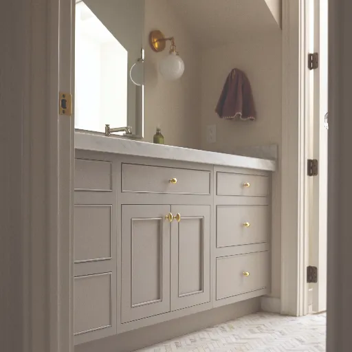 Chevron tile flooring in bathroom 