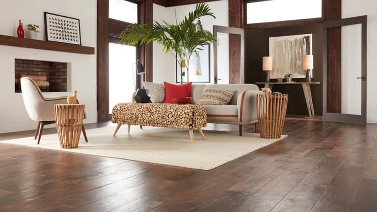 rustic modern living room featuring beige area rug and dark stained hardwood floors